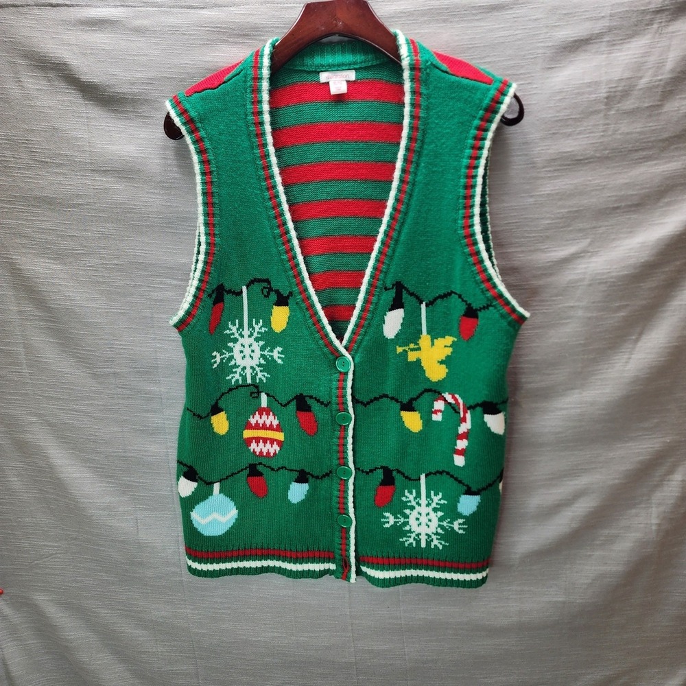 Xhilaration Womens XL Green Ugly Christmas Sweater Vest Holiday Lights Striped